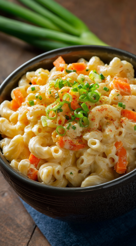 A bowl of macaroni salad with green onions.