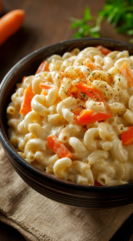 A bowl of macaroni salad with carrots.