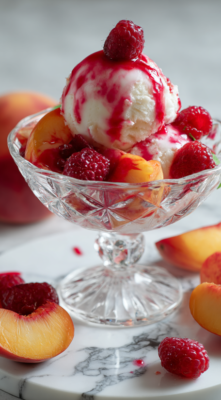 A bowl of Peach Melba with a spoon.