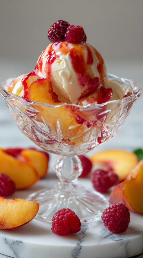A glass bowl of Peach Melba ice cream.