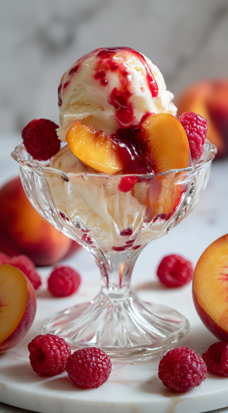 A glass bowl filled with Peach Melba.