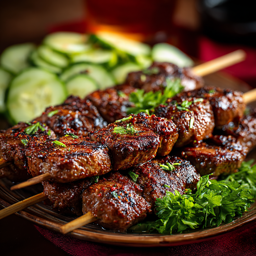 A plate of beef kebabs with a side of vegetables.