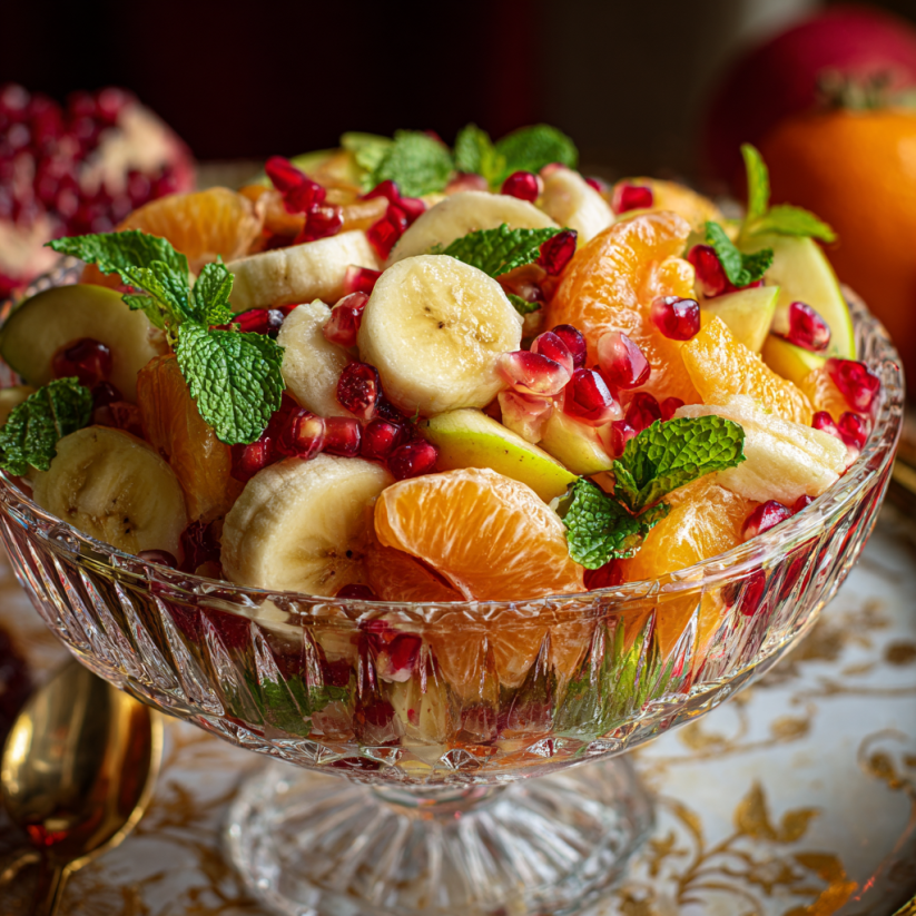 A bowl of fruit chaat with bananas, oranges, and pomegranates.