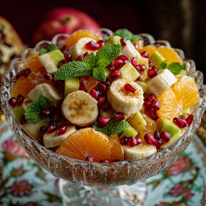 A bowl of fruit chaat with bananas, oranges, and pomegranate.