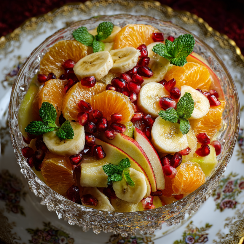 A bowl of fruit chaat with bananas, oranges, and pomegranates.