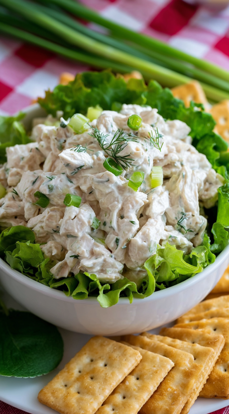 A white bowl filled with chicken salad.