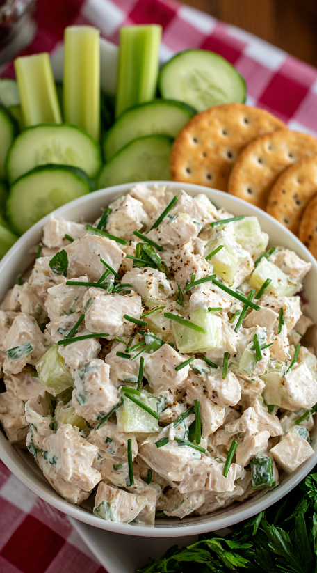 A bowl of chicken salad with cucumbers and crackers.