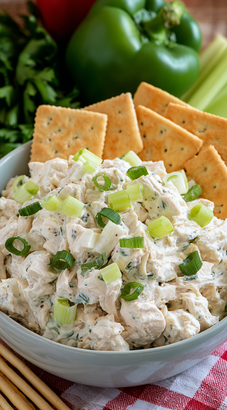A bowl of chicken salad with crackers.