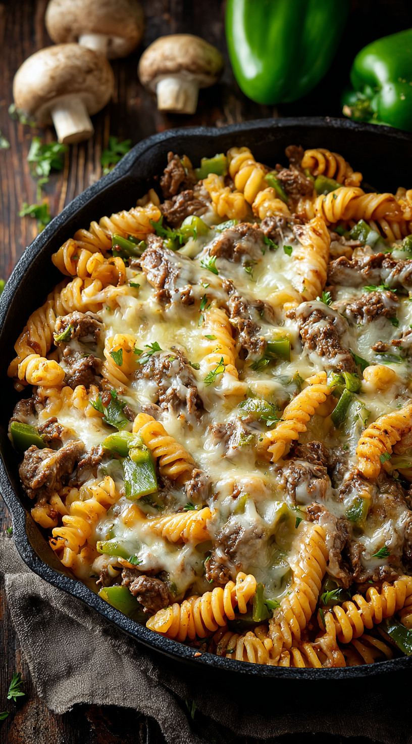 A delicious Philly Cheesesteak Pasta dish.