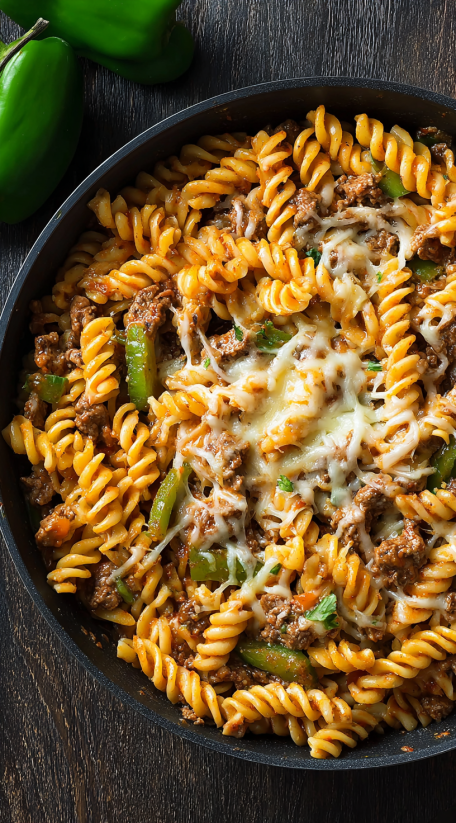 A bowl of pasta with meat and cheese.