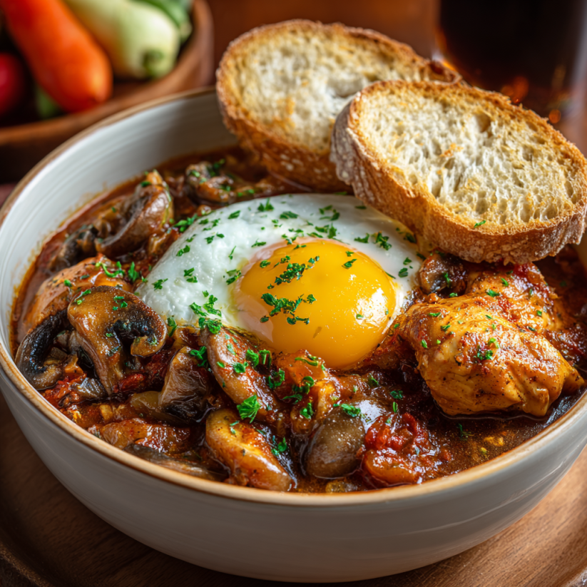 A bowl of chicken marengo with bread and egg.