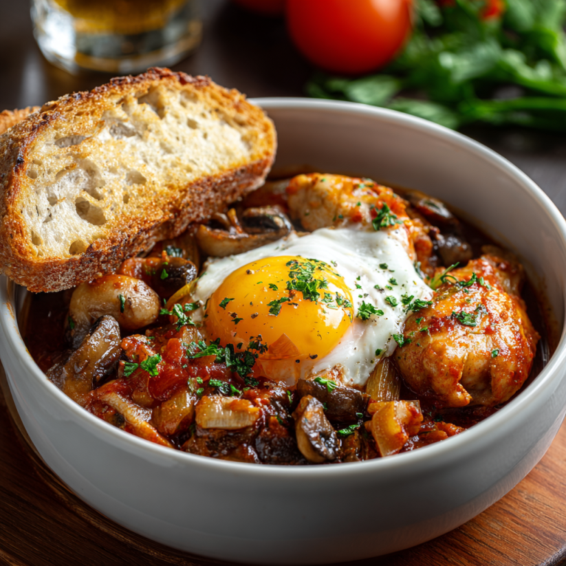 A bowl of chicken marengo with a fried egg on top.