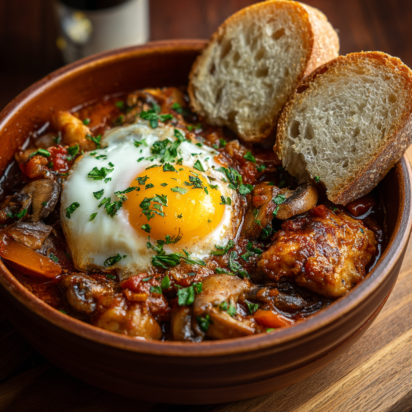A bowl of chicken marengo with bread.