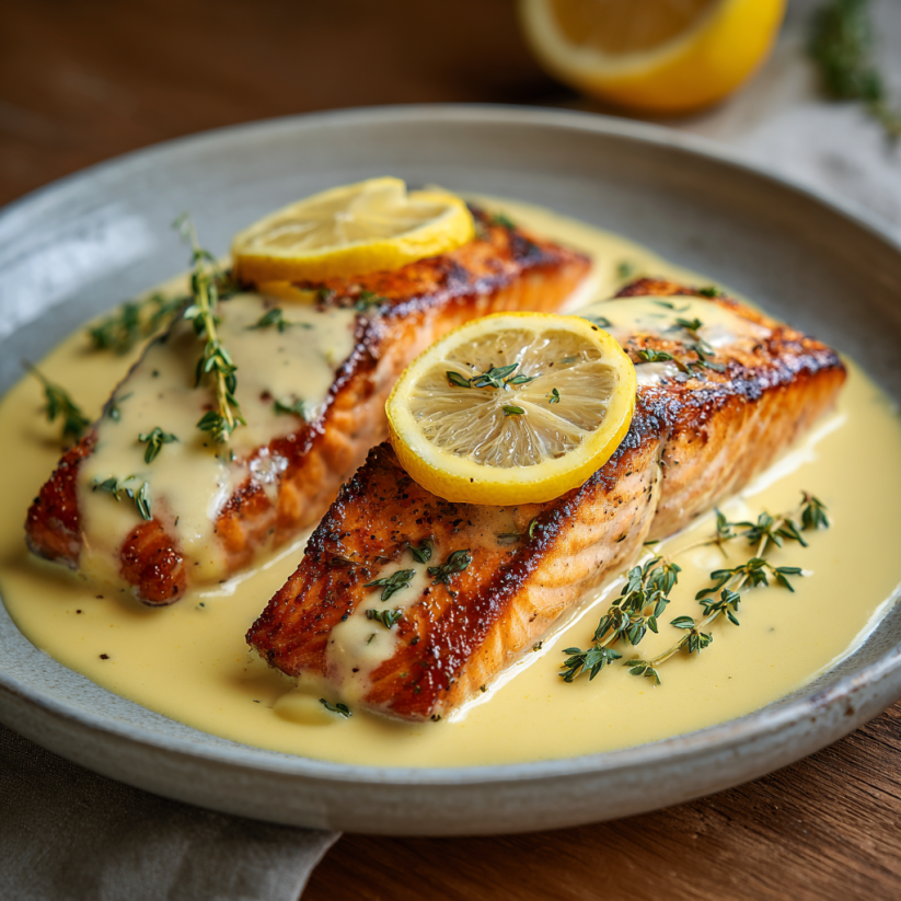 A plate of baked salmon with lemon sauce.
