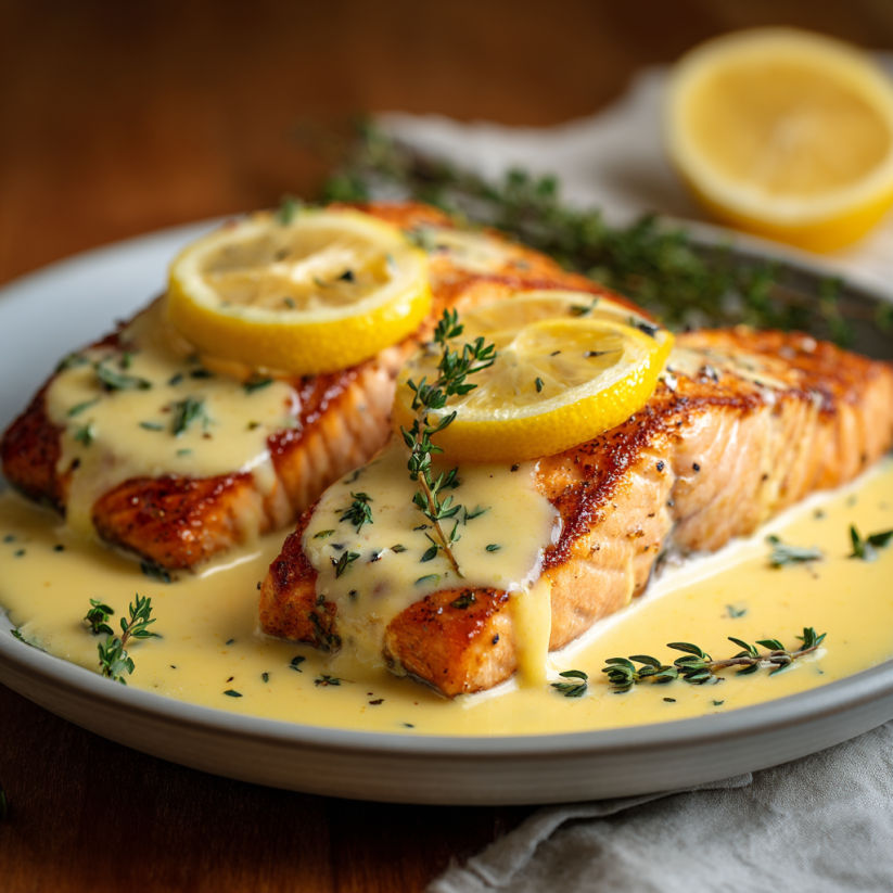 A plate of baked salmon with lemon sauce.