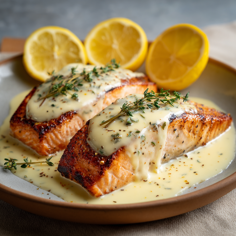 Baked salmon with lemon sauce.