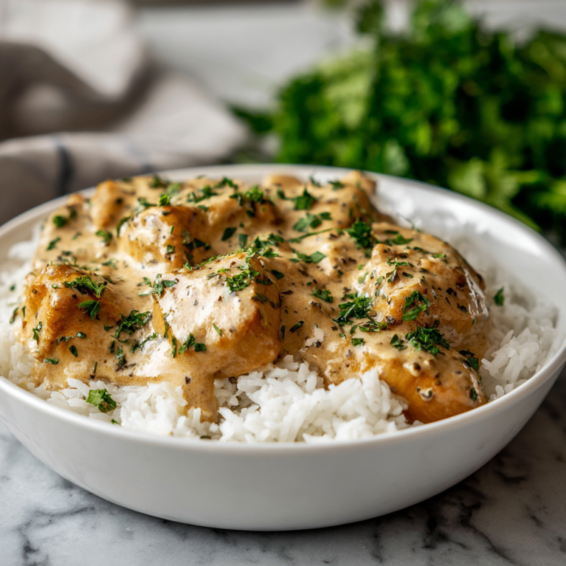 A white bowl filled with rice and chicken.
