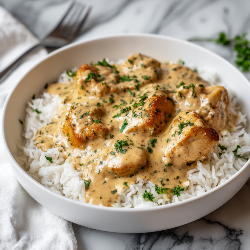 A bowl of smothered chicken and rice.