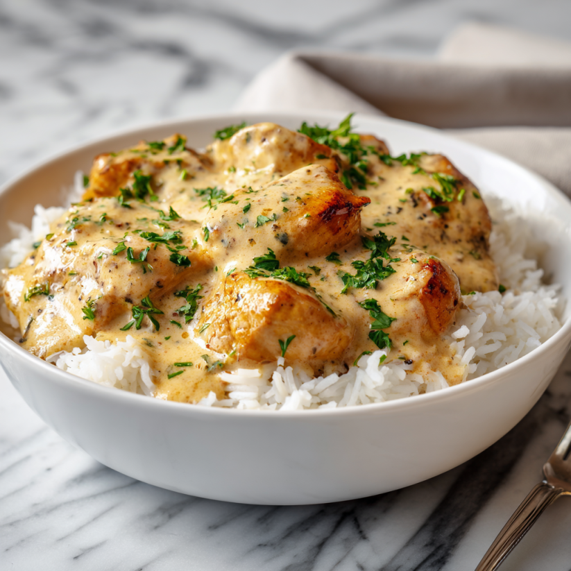 A bowl of smothered chicken and rice.