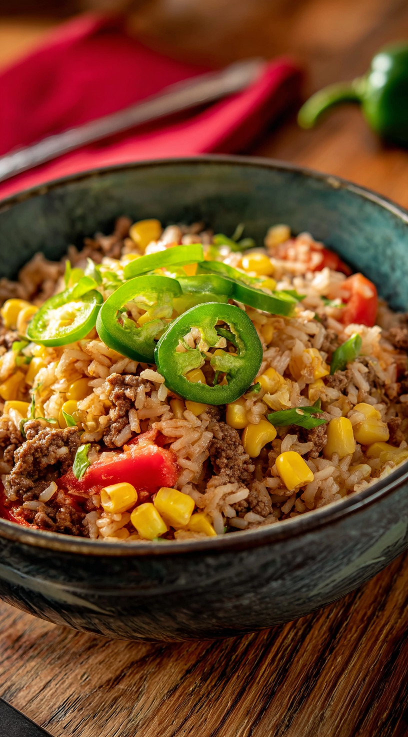 A bowl of Mexican rice casserole with peppers and tomatoes.