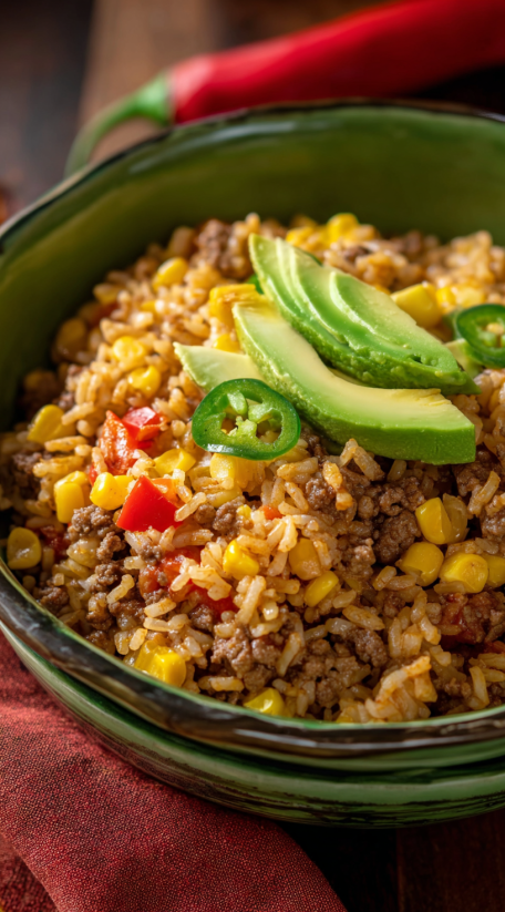 A bowl of Mexican rice with chili peppers and avocado.