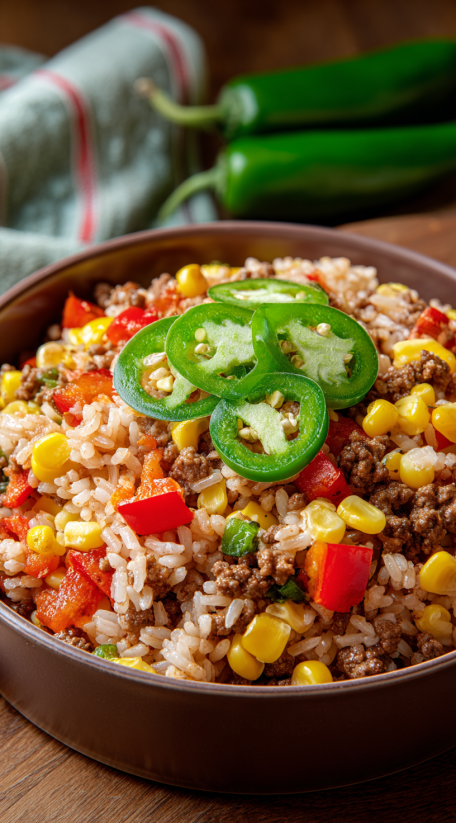 A bowl of Mexican rice casserole with jalapenos on top.