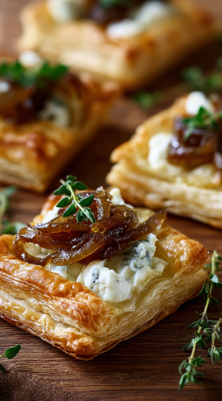 A close up of a pastry with a caramelized onion and goat cheese topping.
