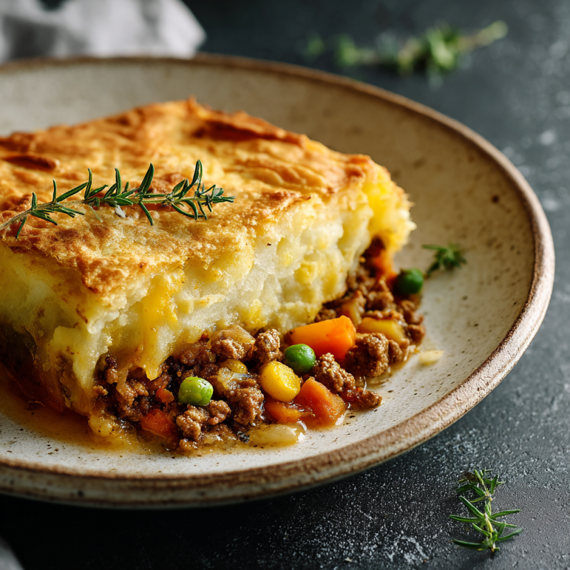 A close up of a Shepherd's Pie with a sprig of rosemary on top.