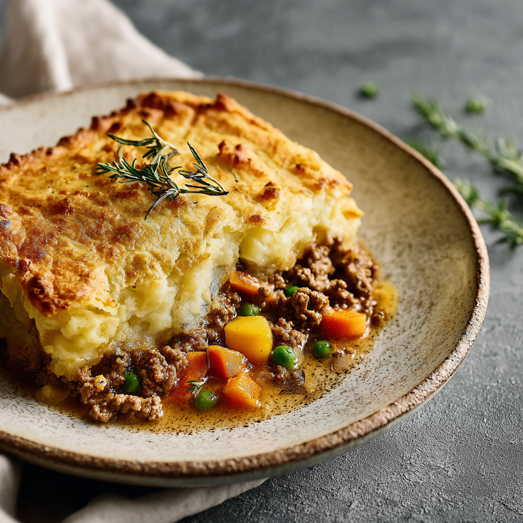 A delicious Shepherd's Pie with a generous amount of meat and vegetables.