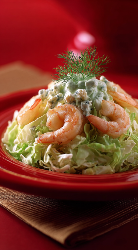 A red bowl filled with shrimp and lettuce.