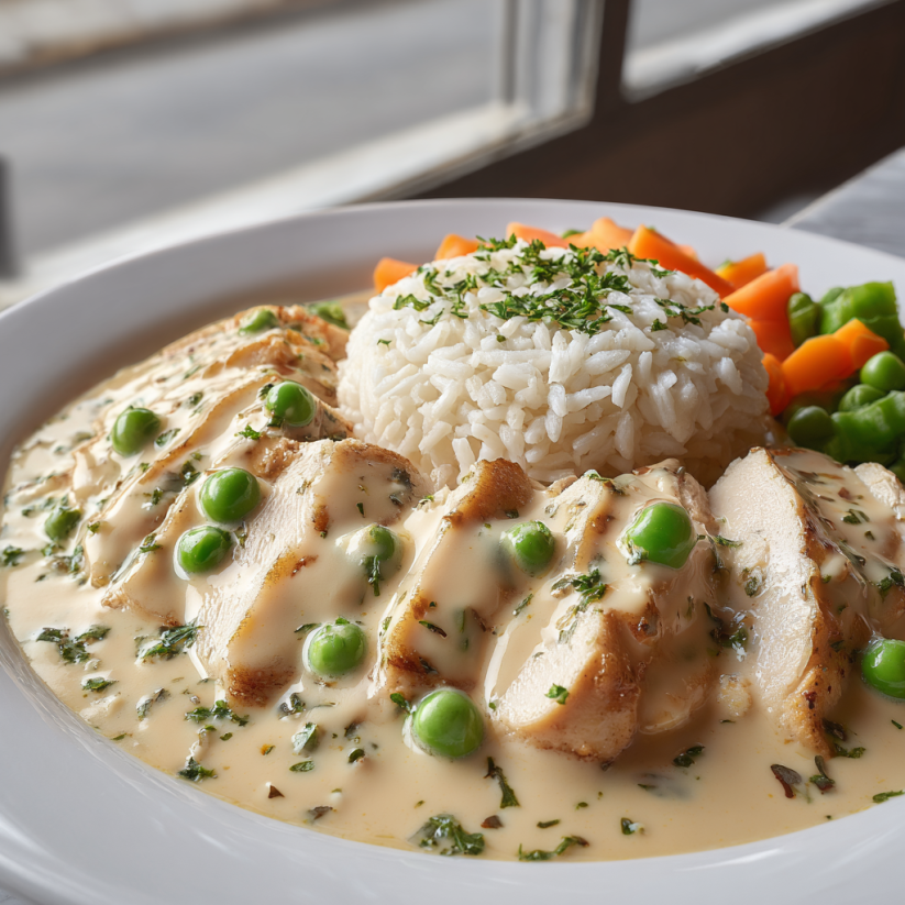 A plate of chicken fricassee with rice and peas.