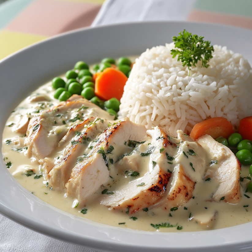 A plate of chicken fricassee with rice and peas.