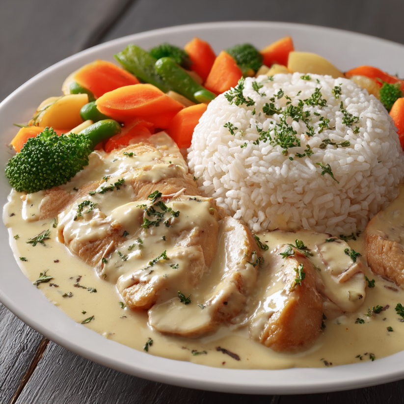 A plate of chicken fricassee with rice and vegetables.