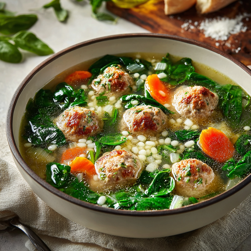 A bowl of minestra maritata with meatballs and greens.