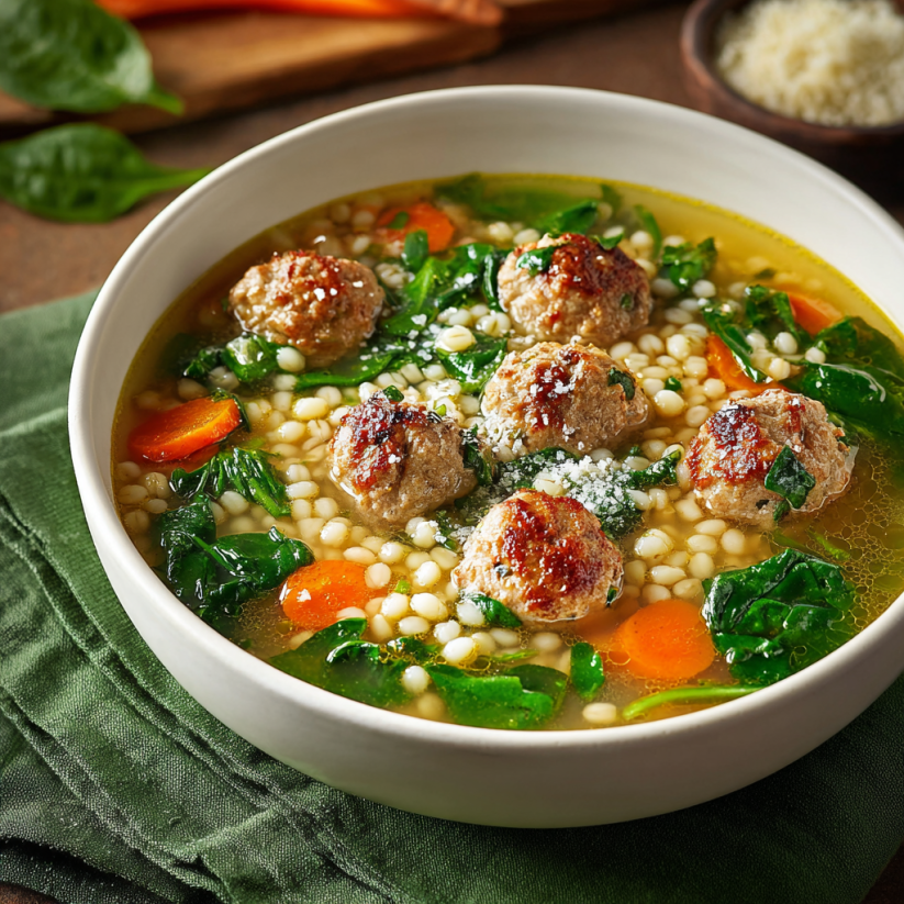 A bowl of minestra maritata with meatballs and greens.