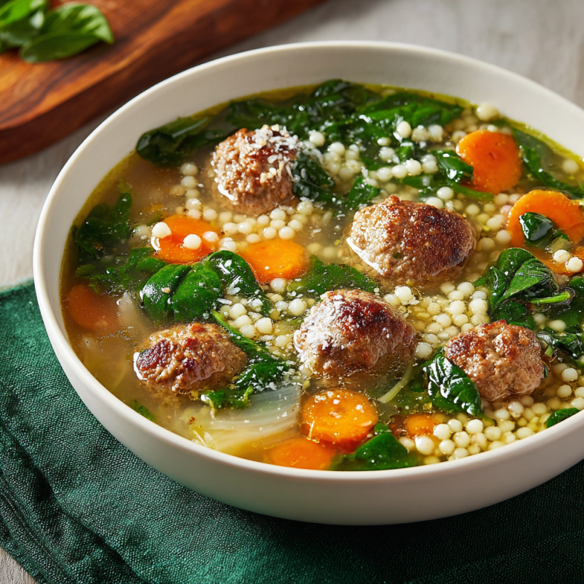 A bowl of minestra maritata with meatballs and vegetables.