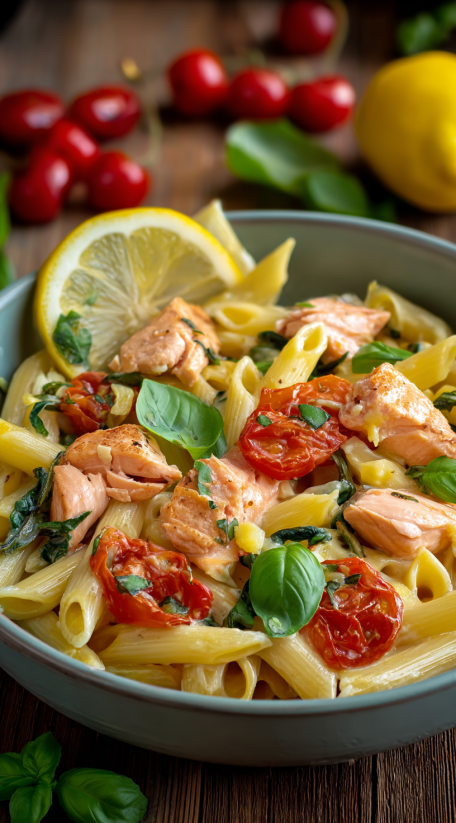 A bowl of pasta with chicken and tomatoes.
