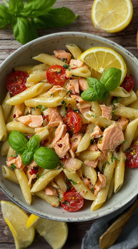 A bowl of pasta with salmon and tomatoes.