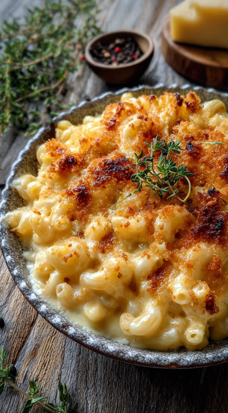 A bowl of mac and cheese with a green herb on top.