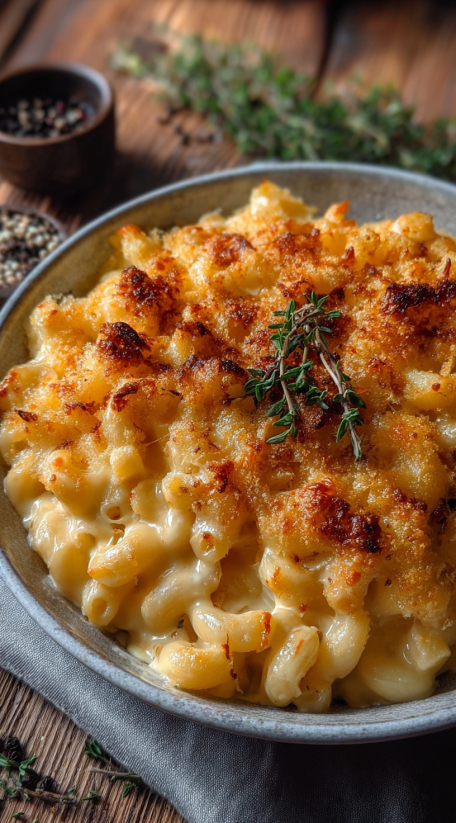 A bowl of mac and cheese with a sprig of parsley on top.