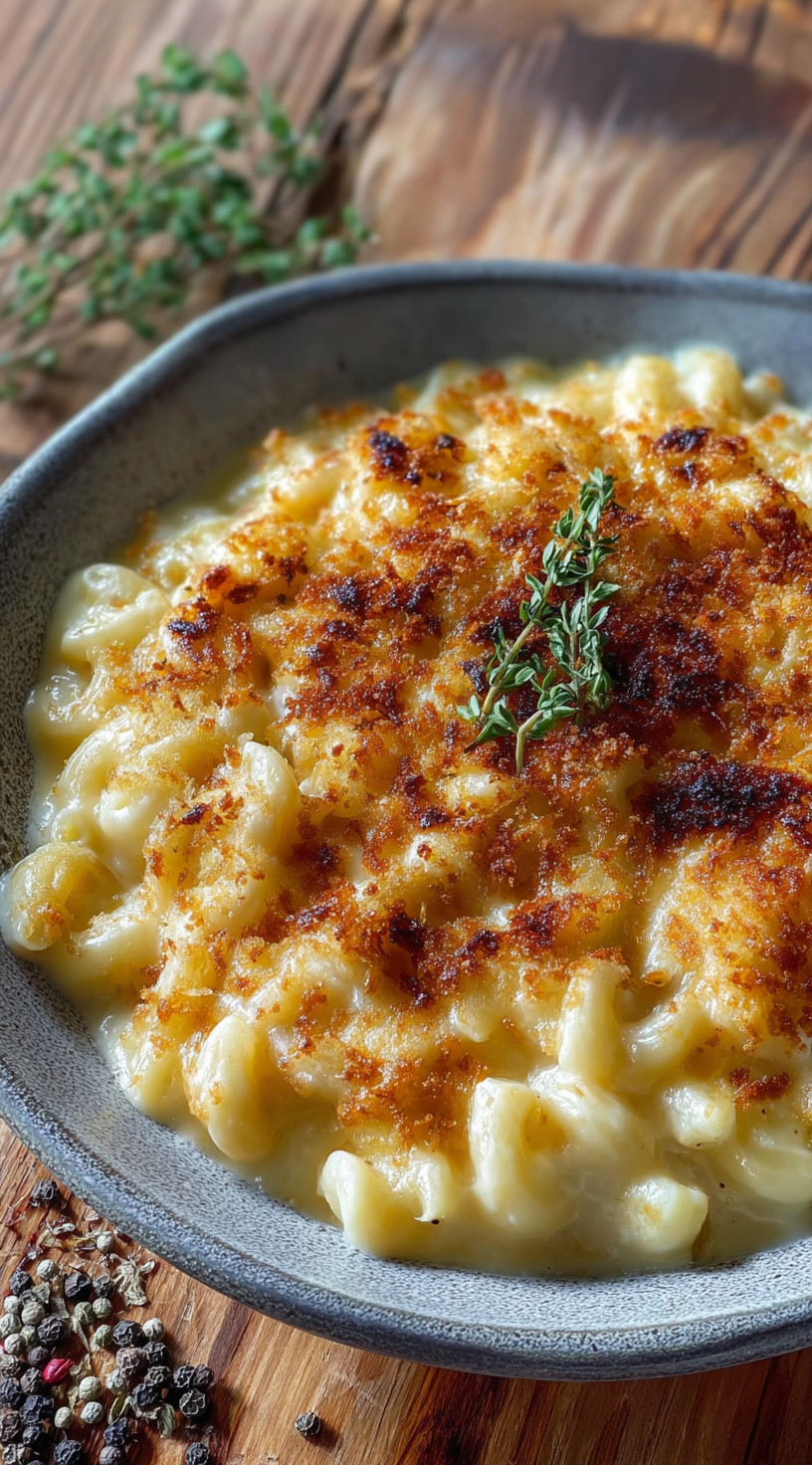 A bowl of mac and cheese with a green herb on top.