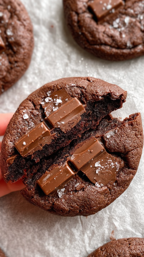 A hand holding a half-eaten chocolate cookie.