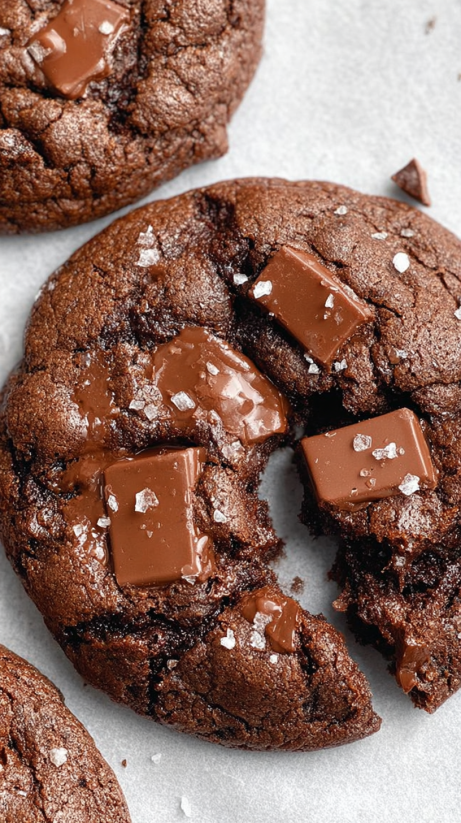 A half eaten soft-batch double chocolate sea salt cookie.