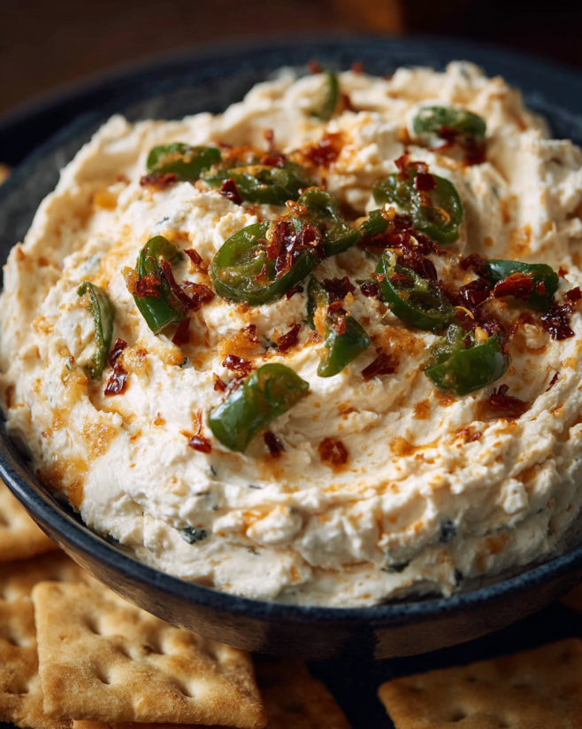 A bowl of roasted jalapeño cowboy cream cheese.