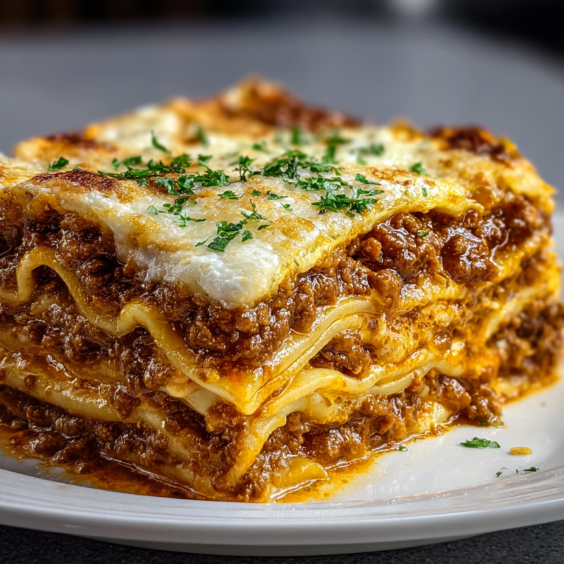 A plate of lasagna with green toppings.