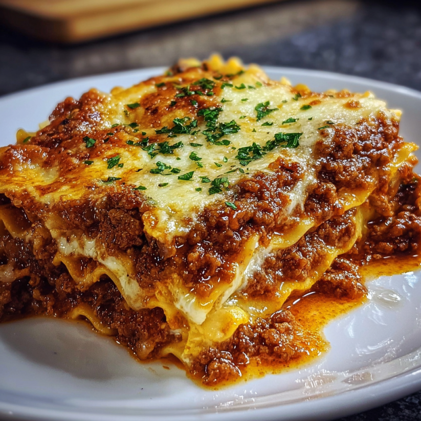 A plate of lasagna with a green herb on top.