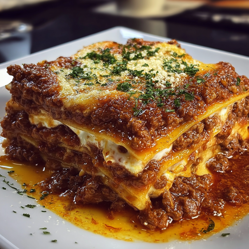 A stack of lasagna on a plate.