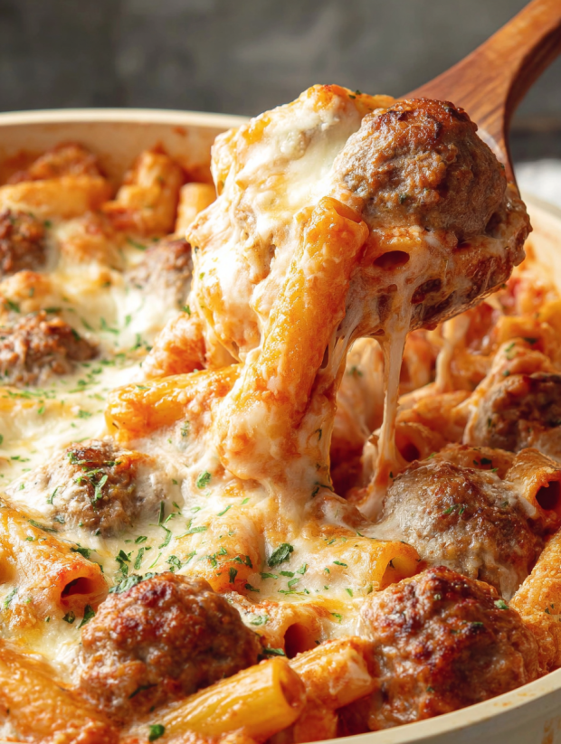 A close up of a delicious looking baked ziti.