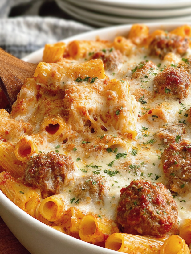 A close up of a dish with pasta and meat.