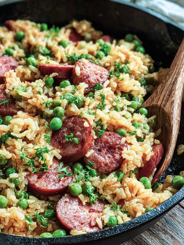 A skillet of rice and sausage.